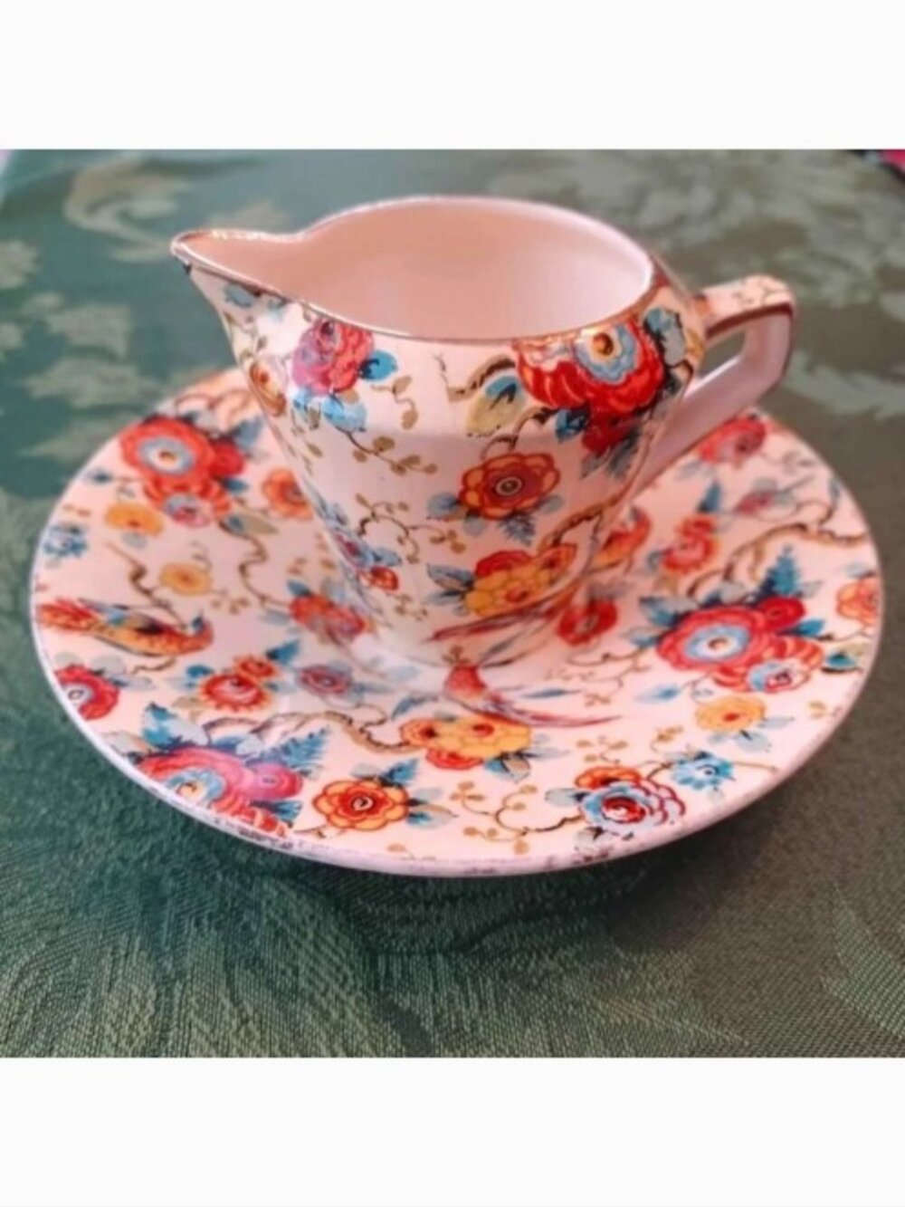 Grimwades England Royal Winton Ivory Norman Exotic Birds 1930s Creamer & Saucer
